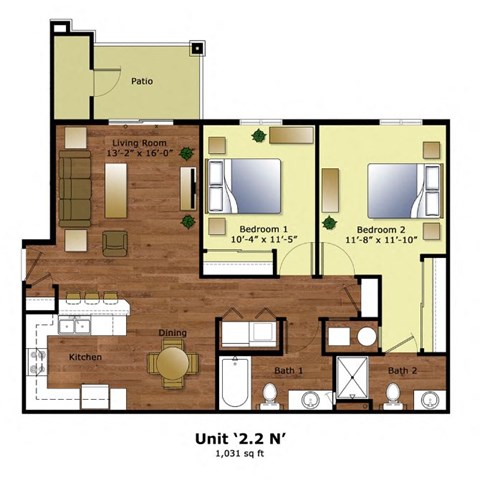Floor plan for 2 beds, 2 baths, 1031 sqft